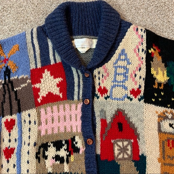 THE EAGLES EYE Vintage PATCHWORK Button Front COUNTRY WOOL Cardigan SWEATER  L - Picture 2 of 5